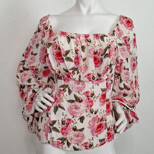 ASOS Pink Romantic Floral Balloon Sleeve Square Neck Coquette Blouse Size 14